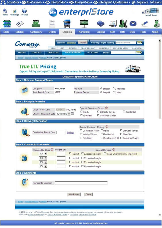Con way Shipping Con way Freight LTL Shipping enterpriStore Quotation Tracking Con way Shipping