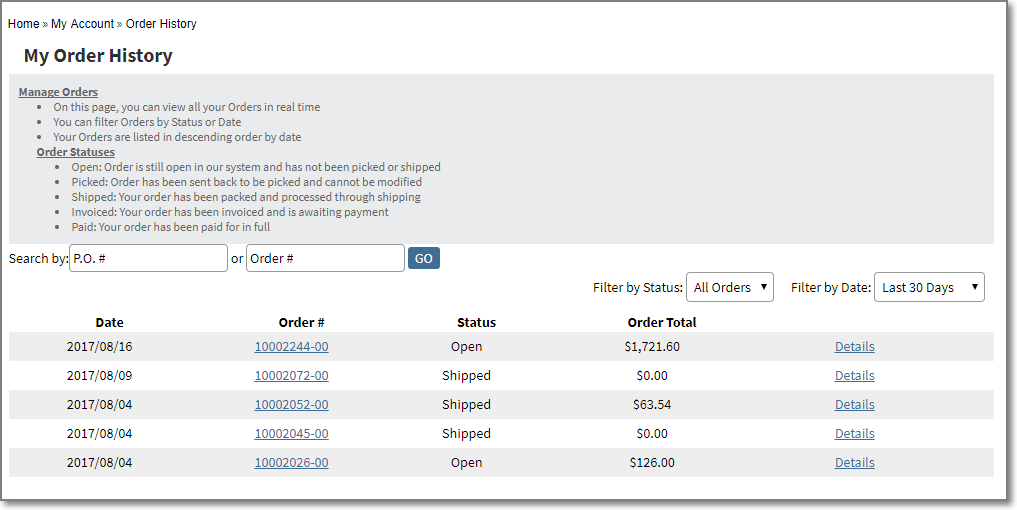 Infor SX. e ERP Ecommerce my order history Infor SX. e ERP Ecommerce