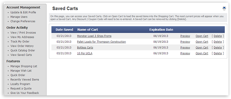 Manage Saved Carts myaccounts saved carts Manage Saved Carts