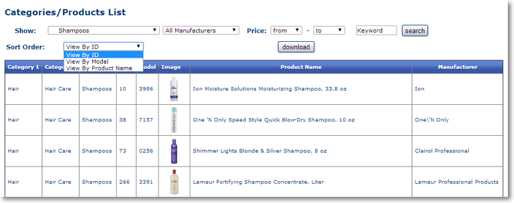 Categories Products List view categories products links Category / Products Tools