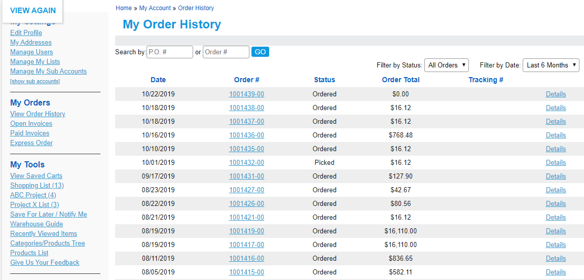 My Accounts – View Print Invoices View Order History