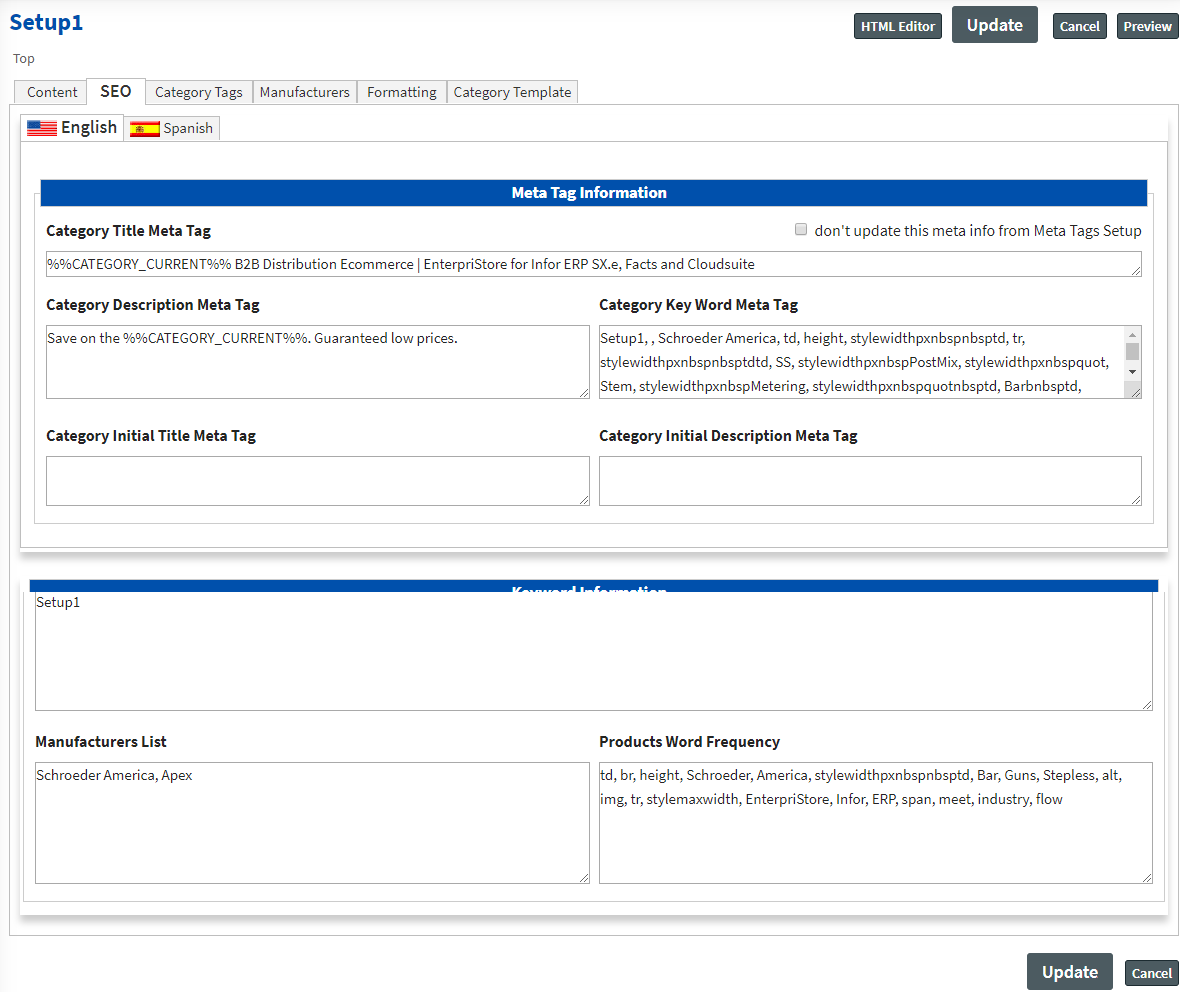 category catalog keywords meta tags Categories Setup